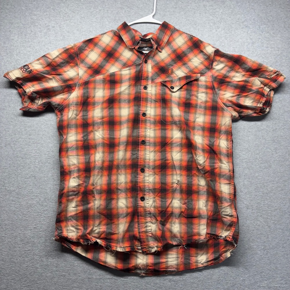 Harley-Davidson Cancun Mexico Plaid‎ Button Up Shirt Mens XL Orange Distressed